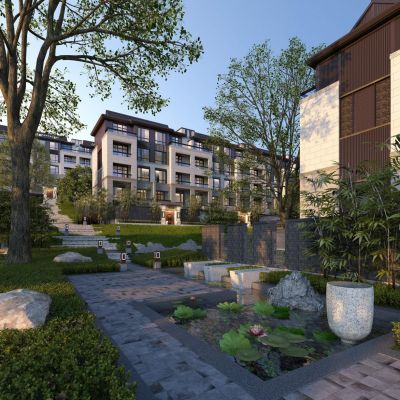 新中式现代新亚洲多层住宅建筑外观 小区庭院景观