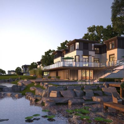 简欧河边独栋别墅建筑外观