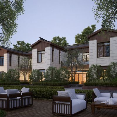 现代新中式新亚洲联排别墅 建筑外观