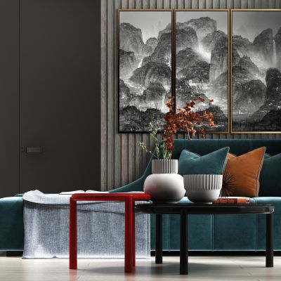 现代轻奢休闲绒布多人沙发茶几饰品组合