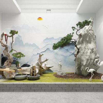 中式园林景观 盆景 景观小品 石头 假山 雕塑 水池 花坛