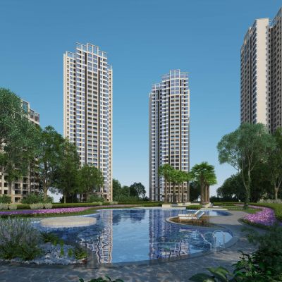 现代高层住宅 建筑外观 庭院水景
