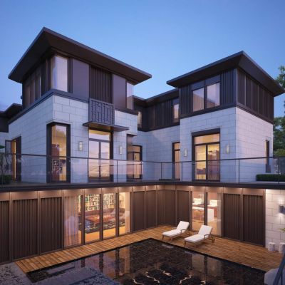 现代新亚洲别墅建筑外观 别墅庭院景观