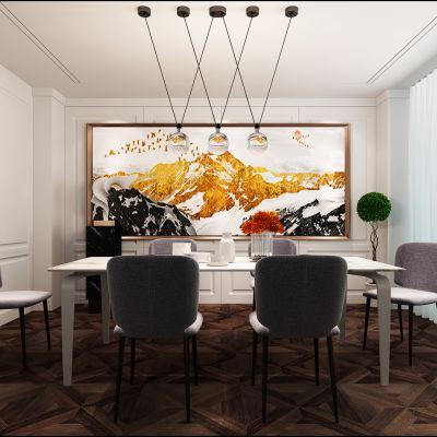现代时尚餐桌椅 吊灯 挂画 窗帘
