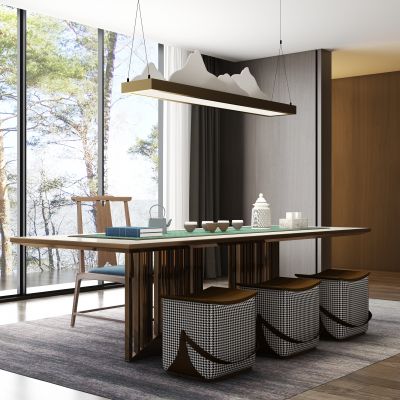 新中式茶桌椅吊灯茶具饰品组合