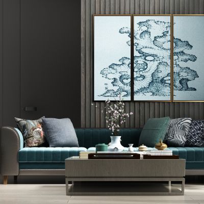 现代轻奢休闲绒布多人沙发 茶几 饰品组合