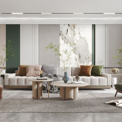 现代客厅餐厅，沙发，餐桌，电视柜，酒柜，吊灯，装饰画