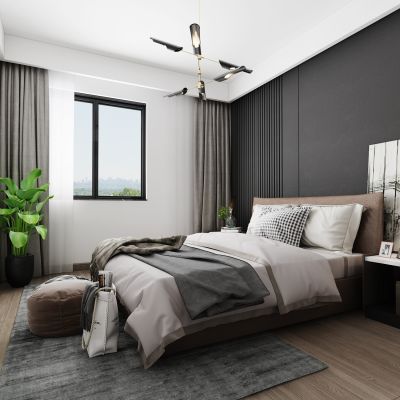 现代 卧室 双人床 床头柜 凳子 衣柜