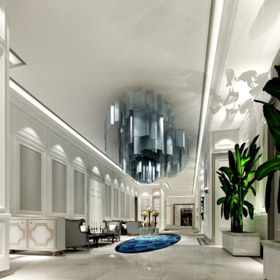 简欧欧式宴会厅 大型吊灯 绿植 欧式家具