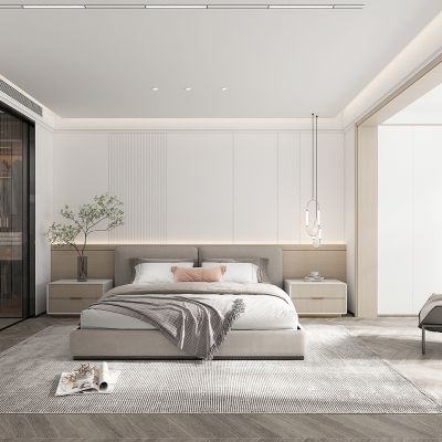 现代轻奢卧室，主卧，次卧，卧室背景墙，长虹玻璃推拉门，双人床