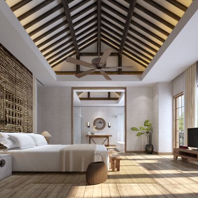 现代复古主卧室 床 吊灯 电视柜 装饰品