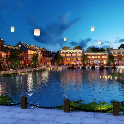 中式古镇荷塘商业街灯光夜景水池荷花