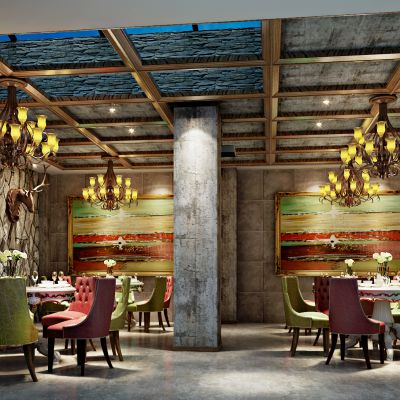 工业风餐厅包厢 餐桌椅 吊灯 挂画