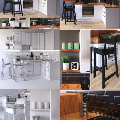 厨房 烤箱 水龙头 微波炉 吧椅 茶壶