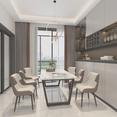 现代家居餐厅，餐桌，餐厅吊灯，酒柜，储物柜，厨房长虹玻璃推拉门
