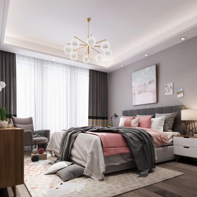 现代卧室 双人床 电视柜 休闲椅 吊灯 挂画