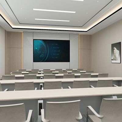 现代会议室，报告厅，演讲室，多功能厅，会议室背景墙，条形桌椅，梦幻窗帘3D模型