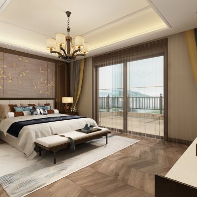 中式主卧 吊灯 电视柜 床 阳台 背景