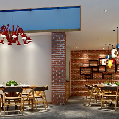 工业风loft餐厅 餐饮空间 餐桌椅 吊灯 墙饰 挂画