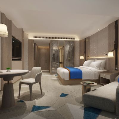 现代酒店客房 双人床 休闲椅 茶几 壁灯 淋浴间