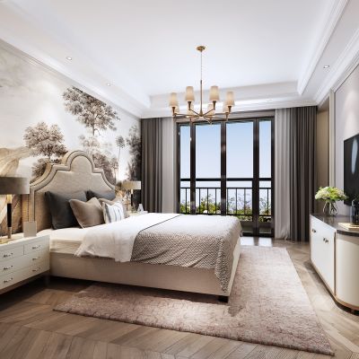 美式现代卧室 手绘壁纸 电视柜 吊灯 台灯 地毯