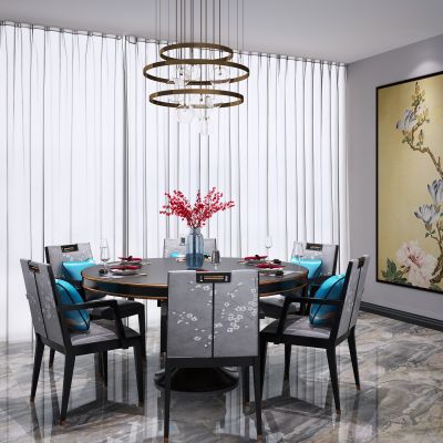 新中式圆形餐桌椅  吊灯组合