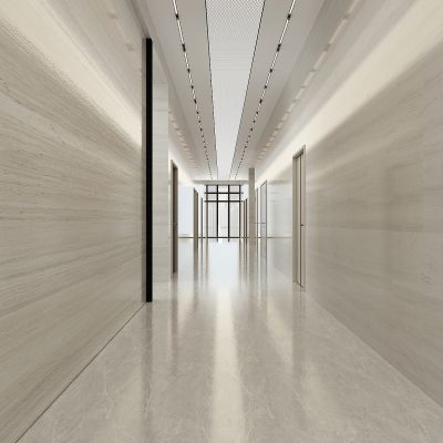现代办公过道，走道，走廊，线性灯，铝单板，洞洞板，冲孔金属板吊顶