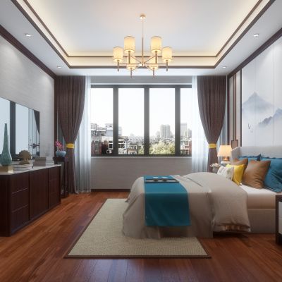 新中式主卧室 床头柜 边柜 床品