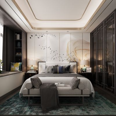 新中式卧室 双人床 衣柜