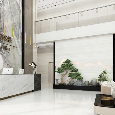 写字楼办公大厅，公司大堂，前台，服务台，接待台，景观隔断背景墙，玻璃大门，接待沙发