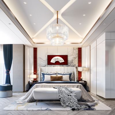 现代主卧室 床尾凳 背景墙 窗帘 装饰台灯 吊灯