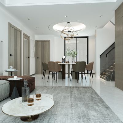 现代轻奢客餐厅，餐桌，推拉门，沙发茶几组合，别墅跃层楼梯间，玻璃扶手楼梯