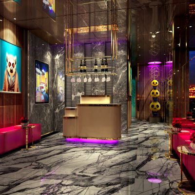 现代酒店前厅 前台 沙发卡座 装饰画 酒架