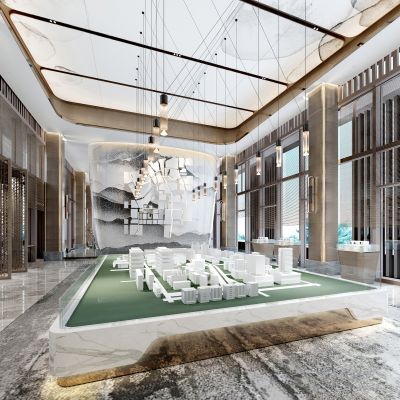 新中式销售中心大堂会客区 洽谈区 会所大厅