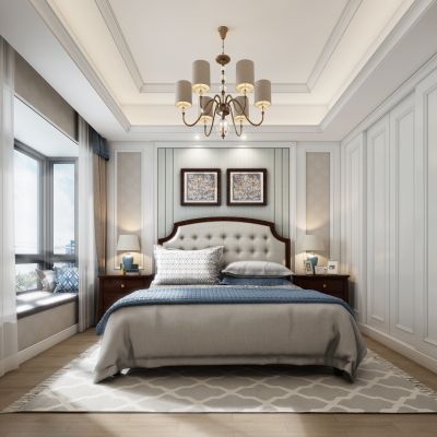 美式卧室 吊灯 台灯 床