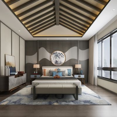 新中式卧室 床 窗帘