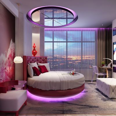 现代酒店情侣客房 大圆床 沙发椅 吊灯 写字桌台 衣架 门