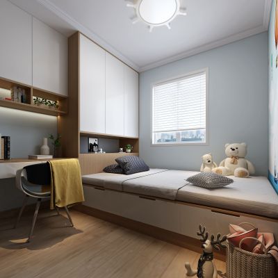 现代简约男孩房 百叶帘 书桌 椅子 玩具熊