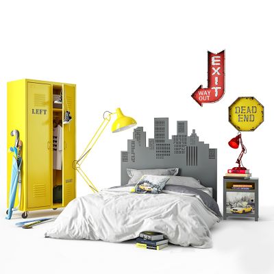 工业风儿童房 儿童床 落地灯 金属柜 曲棍球棒