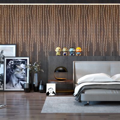 现代卧室 植物 床 装饰品 装饰画 灯