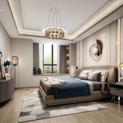 现代风格卧室 双人床床头柜电视柜吊灯