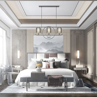 新中式卧室 床具组合 衣柜 床尾凳 椅子