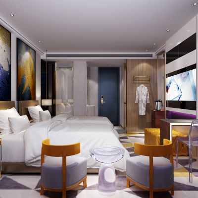 现代酒店双床房 床 电视背景 装饰画 门 写字桌椅 茶水柜 沙发 衣架