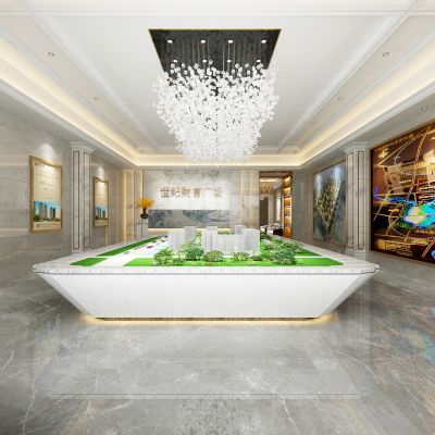 现代轻奢售楼处 吸顶灯 楼盘 沙发 茶几 挂画