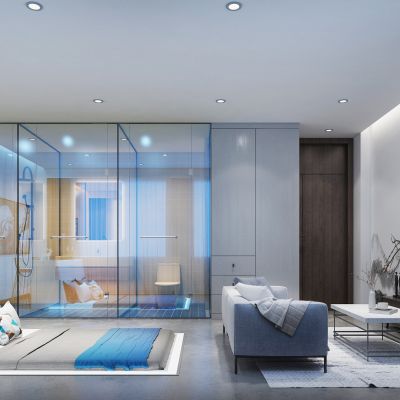 现代客房 卧室 宾馆客房 旅店 宾馆 地铺 变色玻璃 镀膜玻璃