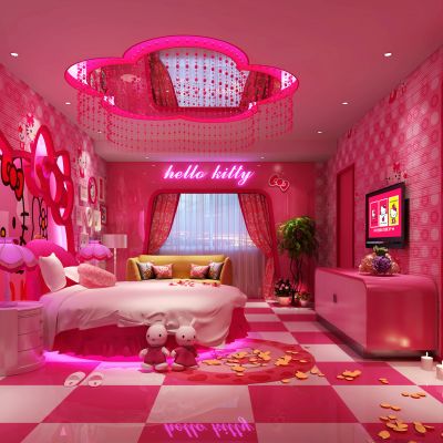 现代酒店客房 Kitty主题 大圆床 沙发 橱窗 电视柜