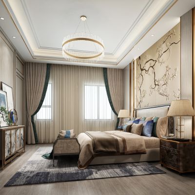 现代新中式卧室   新中式双人床   床头柜   电视柜  吊灯