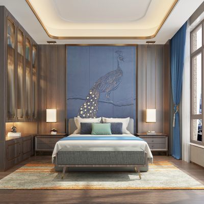 新中式卧室老人房 吊灯 双人床 床头柜 衣柜