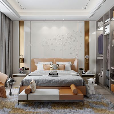 现代轻奢主卧室 样板间 双人床 衣柜 床头柜 吊灯