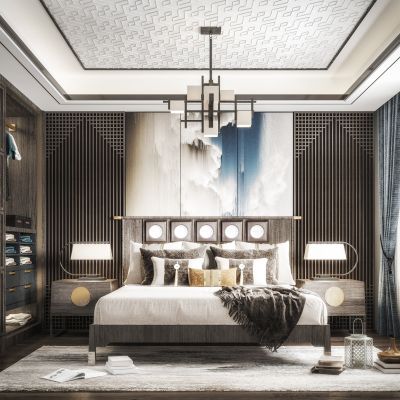 新中式卧室 双人床 床头柜 电视柜 吊灯